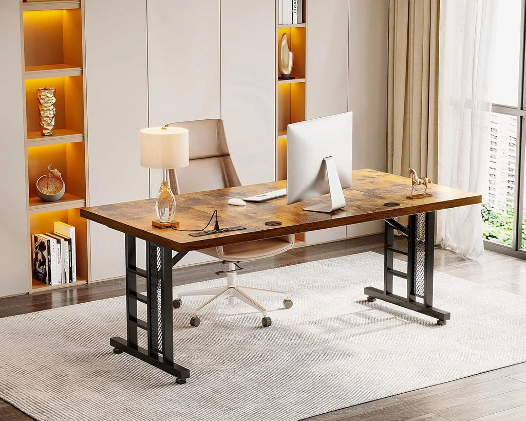 Coleshome 71 in Executive Desk with USB Ports, Large Computer Desk with Extra Thick, Long Mordern Office Desk, Workstation Business Furniture for Home Office, Vintage